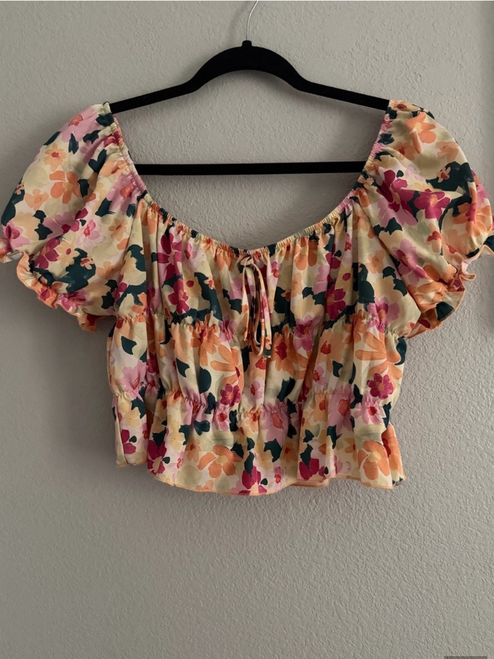 Pink Orange Smocked Ruched Floral Off Shoulder Short Sleeve Crop Top L Large